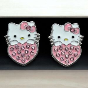 Hello Kitty Earrings Pink Rhinestone Enamel Heart Pierced Ears Cat Studs Jewelry